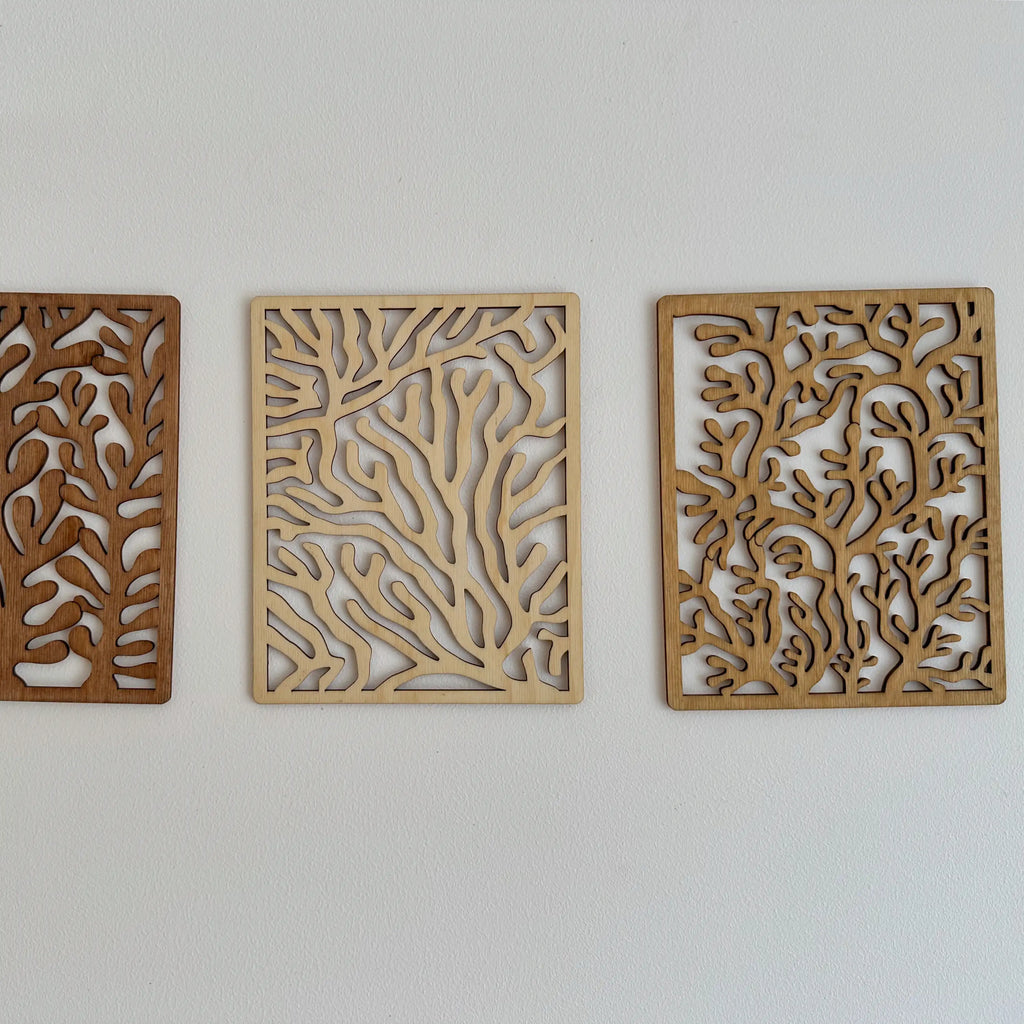 Tableaux en bois qui représentent chacun un corail différent, pour chambre, salon ou bureau.